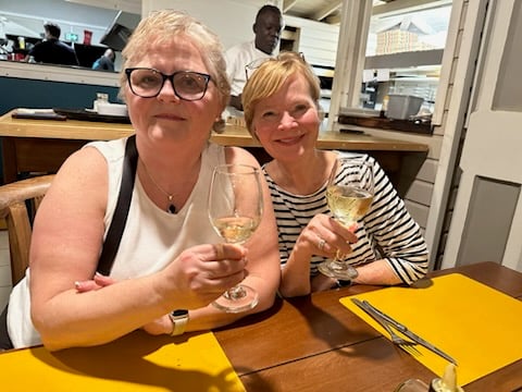 Susan & Jean with much needed wine