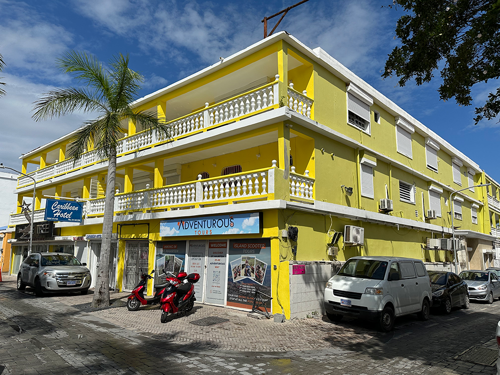 Colorful architecture in Philipsburg -  yellow hotel